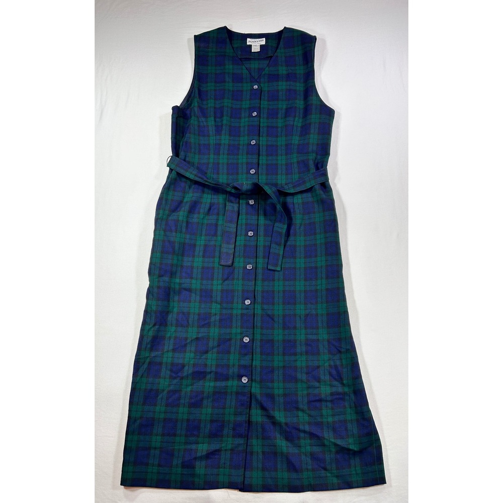 Pendleton Wool Black Watch Plaid Button Front Maxi Dress Sleeveless Belted USA